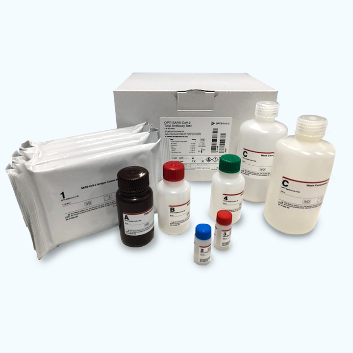 OPTI SARS-CoV-2 Total Antibody Test (99-41609) for detection of total antibodies against the RBD of the spike protein of SARS-CoV-2 - 460 reactions kit box with bottles and vials