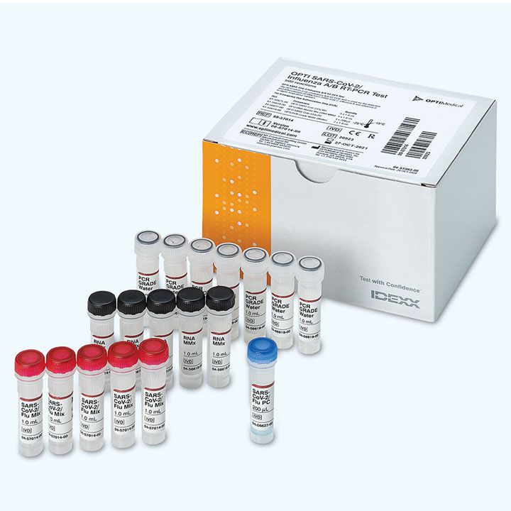 OPTI SARS-CoV-2/Influenza A/B RT-PCR Test (99-57014) for identification and differentiation of SARS-CoV-2, influenza A, and influenza B RNA - 500 reactions kit box and vials
